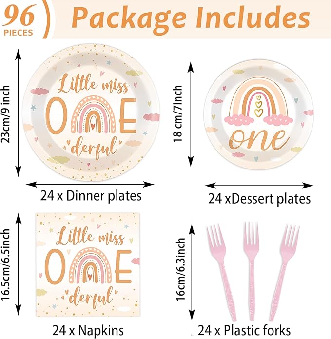 96Pcs Boho Rainbow Party Decorations Miss Little One Derful 1st Themed Tableware Rainbow First Birthday Plates Napkins Forks Onederful 1st Dinnerware Supplies for Baby Shower Birthday Serves 24 Guests