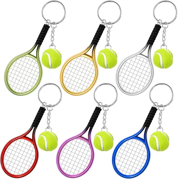 AUHOKY 6Pcs Mini Tennis Racket Keychain Key Ring, Fashionable Alloy Tennis Ball Split Ring, Sport Style Split Keychain for Sport Lovers Team - Exquisite & Lightweight(6 Colors)
