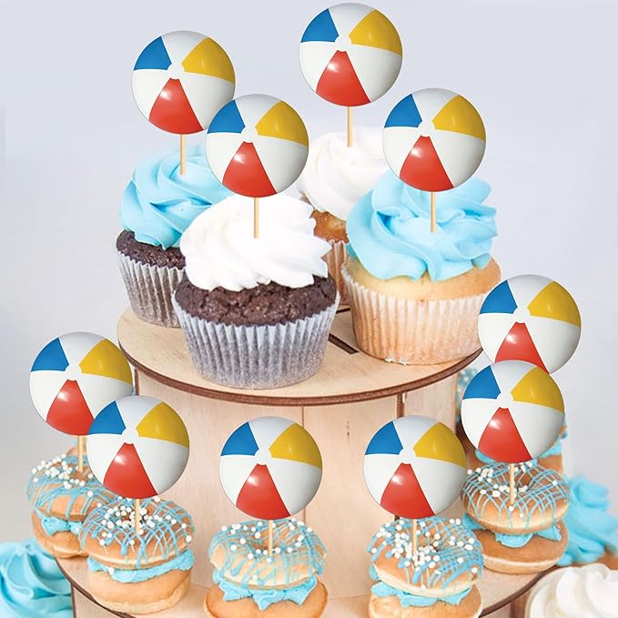 Ercadio 24 Pack Double Sided Beach Ball Cupcake Toppers Water Polo Cupcake Picks Beach Sport Birthday Cake Decorations Baby Shower Party Cake Decoration