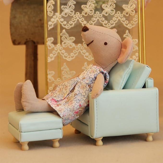 Miniature Dollhouse Sofa 1:12 PU Leather with Cushions&Ottoman – Fit 1/12 Scale Furniture and Accessories for Doll House Décor and 3 to 6 inches Doll Figure (Light Blue)