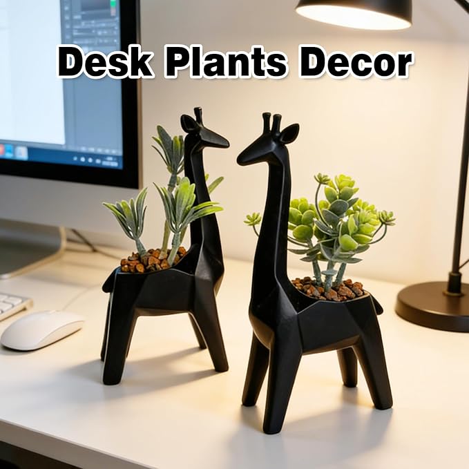 Ordbuum 2PCS Black Mini Succulents Plants Artificial with Giraffe Shaped Pots,Small Indoor Fakeplants for Shelves and Bathroom, Mini Desk Plants for Office