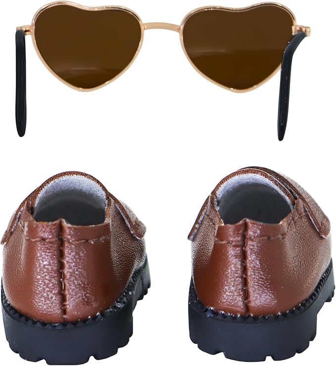 Suitable for 17cm Doll Trendy Small Leather Shoes Paired with Heart Shaped Sunglasses Cute Outfit Two-Piece Set (Matte Brown)