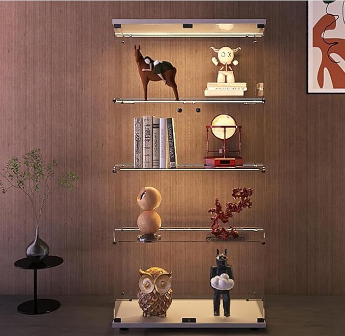 Modern 4-Tier Glass Display Shelf with 2 Doors, Curio Cabinet Collection - Floor Standing Display Case for Living Room, Bedroom, Home Office - 30" W x 14.5" D x 64" H (White with LED Light Strip)
