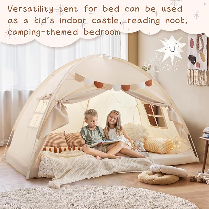 Sherilyn Twin Bed Toddler Canopy Bed Kids Tents Indoor Dream Playhouse Tent on Bed Bunk Privacy Space Blackout Sleeping Tents Portable Drafty Room Floor Bed Tents for Boys Girl Birthday, House Gift