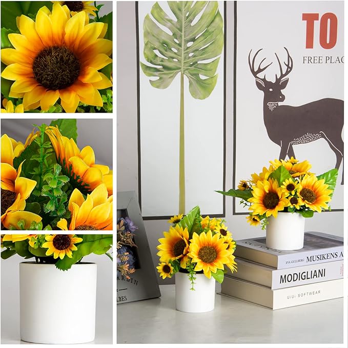 XONOR Artificial Flowers – 4Pcs Potted Mini Fake Sunflowers for Home Decor Party Wedding Office Patio Table Desk Decoration