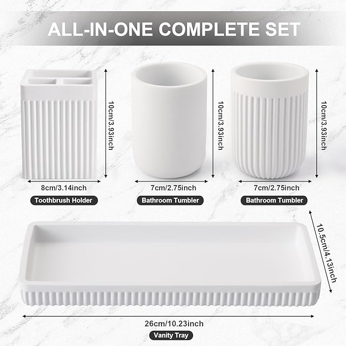 XLHOMO Resin Bathroom Toothbrush Holder Set, Matte White Bathroom Accessories Set 4 Pcs, Bathroom Tumbler Cup Tooth Brushing Cup Set with Tray, for Sink Countertop Modern Home Decor