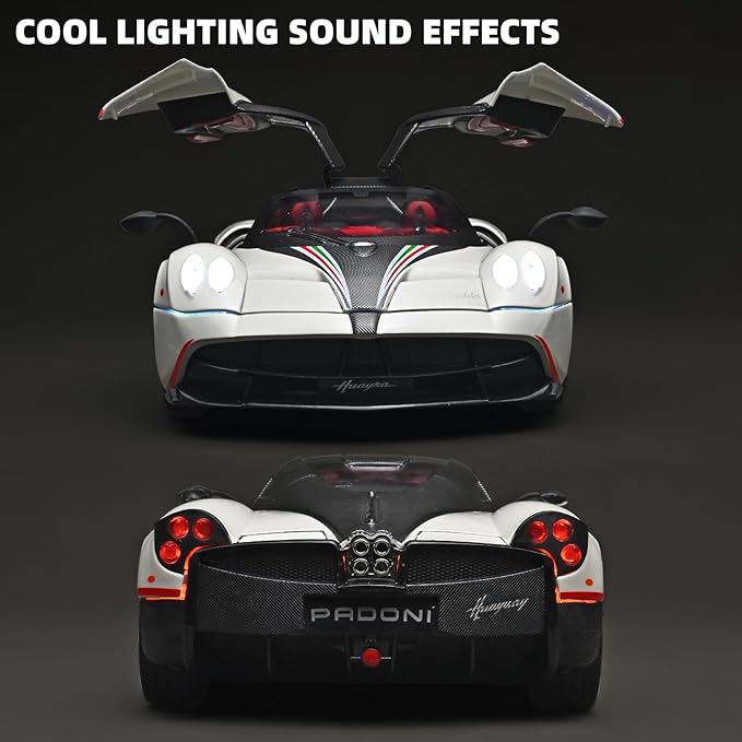 Car Toys for Boys 1 18 Scale Diecast Cars Compatible for Pagani Huayra Dinastia Model Car Kits Collection,Metal Pull Back Cars with Light and Sound,Toy Cars for Boys Age 4-7（White）