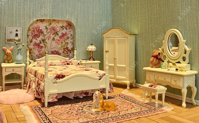 iLAND Wooden Dollhouse Furniture 1/12 Scale, Dollhouse Bedroom Furniture in Cream Color incl Dollhouse Bed & Dressing Table & Wardrobe (Elegant Miniature Furniture 6pcs)