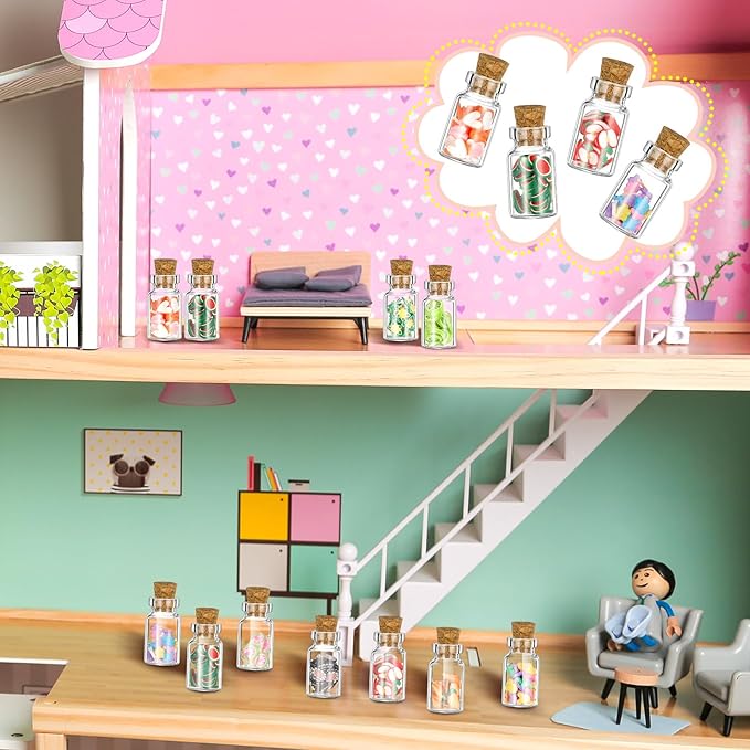 Sumind 50 Pieces Cute Miniature Dollhouse Food Jar Glass Bottle 1:12 Mini Fruit Simulation Scene Candy Snack Model Party Doll House Kitchen Decoration for Dollhouse