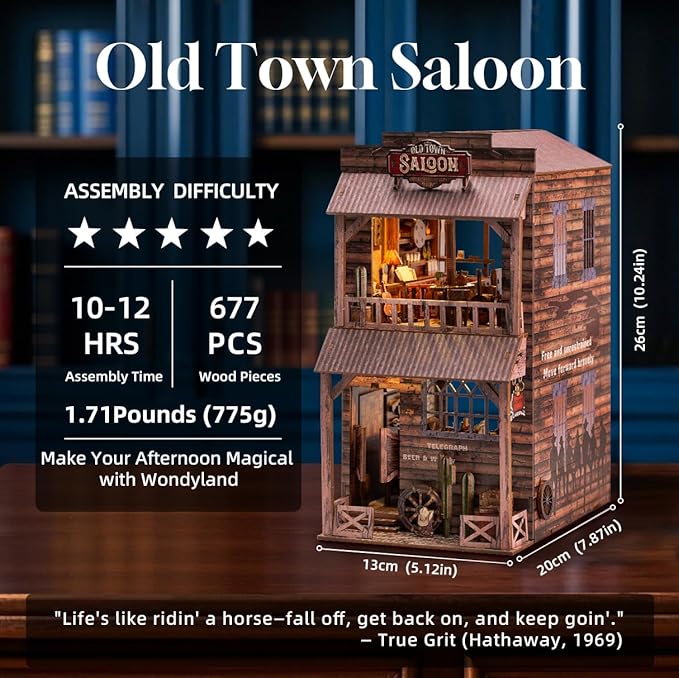 Book Nook Kit - DIY Miniature House & Dollhouse Alley Model Kit, Puzzle Bookshelf Library Decor with LED Light, Craft Gift for Adults, Teens, and Family(Old Town Saloon)