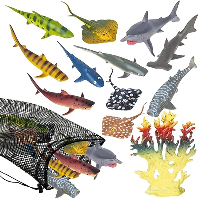 ArtCreativity Sharks & Rays in Mesh Bag, Pack of 12 Sea Creature Figurines in Assorted Designs, Bath Water Toys for Kids, Ocean Life Party Décor, Party Favors for Boys and Girls