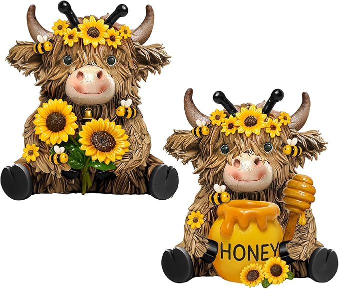 Burbell 2 Pack Bee Highland Cow Resin Figurine Summer Bee Bathroom Highland Cow Gnomes with Sunflower Starfish Resin Statue for Garden Table Shelf Home Decor Calf Gnome Herd Gifts
