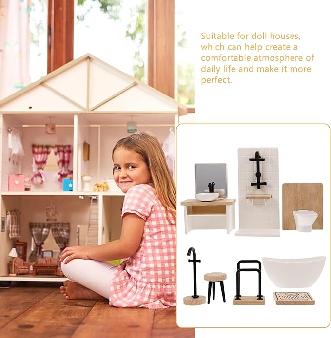 SHINEOFI 1:12 Scale Dollhouse Bathroom Furniture Set: 8Pcs Miniature Accessories Includes Sink Toilet Bathtub Shower Vanity Stool Towel Rack for Dollhouse Decor