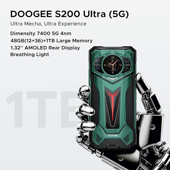 DOOGEE S200 Ultra Rugged Phone Unlocked, 5G Android 15 with 1.32" Secondary Display, 48GB+1TB Storage, 11000mAh, 66W Fast Charge, AI Quad Camera 100MP+32MP, 6.72" Rugged Smartphone Dual SIM/NFC/OTG