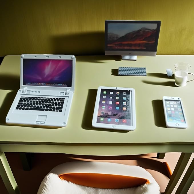 1:12 Scale Dollhouse Miniature Electronics Set - 4 Pcs Desktop Computer, Flip Laptop, Phone & Tablet for Dollhouse Display, Diorama Props and Collectibles