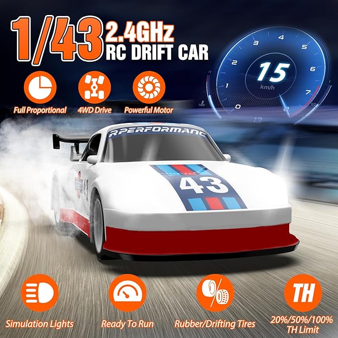 RC Drift car, 1/43 Mini Rc Drift car with Gyroscope, 2.4GHz Full Proportional Remote control Cars, 4WD High Speed Racing with Lights, Racing Tires, Model Cars Gift for Adults, Kids, Boys, Girls