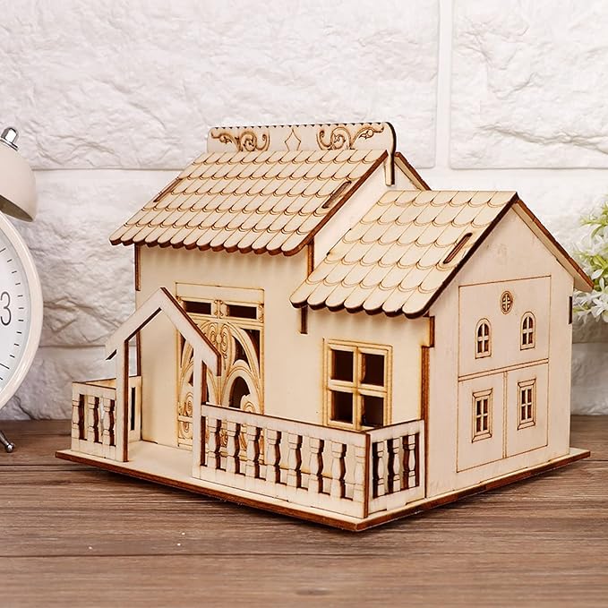 Buachois House Piggy Bank, 13 X 14 X 15cm Miniature Villa Coin Storage Box with Night Light, Wooden Money Bank House Model Dollhouse for Great Desktop Gift(#2)