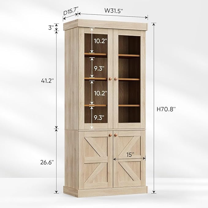 71" Tall Farmhouse Kitchen Pantry, Rustic Brown Wood Storage Cabinet with Glass Doors and Adjustable Shelves, Versatile Hutch for Dining Room, Living Room, Set of 2