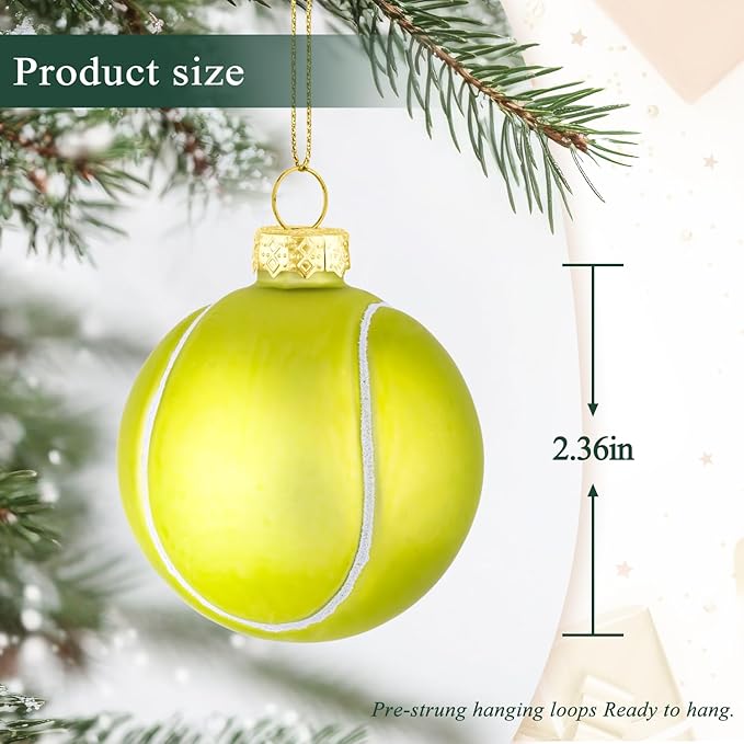 2.36” Christmas Tennis Ball Glass Blown Ornament, 2025 Hand-Painted Small Mini Sports Ball Decoration for Boys and Girls, Xmas Tree Holiday Decor Kids Themed Party Gifts