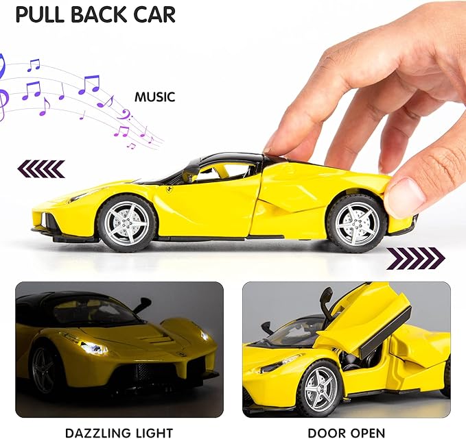 BDTCTK 1:32 Farrari Car Model Pull Back Car with Sound and Light for Kids Boy Girl, Metal Body Door Opened Yellow