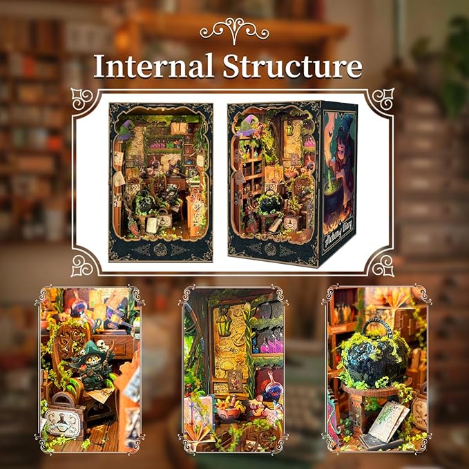 DIY Book Nook Kit for Adults and Teens 3D Wooden Puzzle Miniature Tiny House Dollhouse Kit Bookshelf Booknook Bookcase Model Build Gift Kit Decor with LED Light-Alchemy Diary(SQ-43)