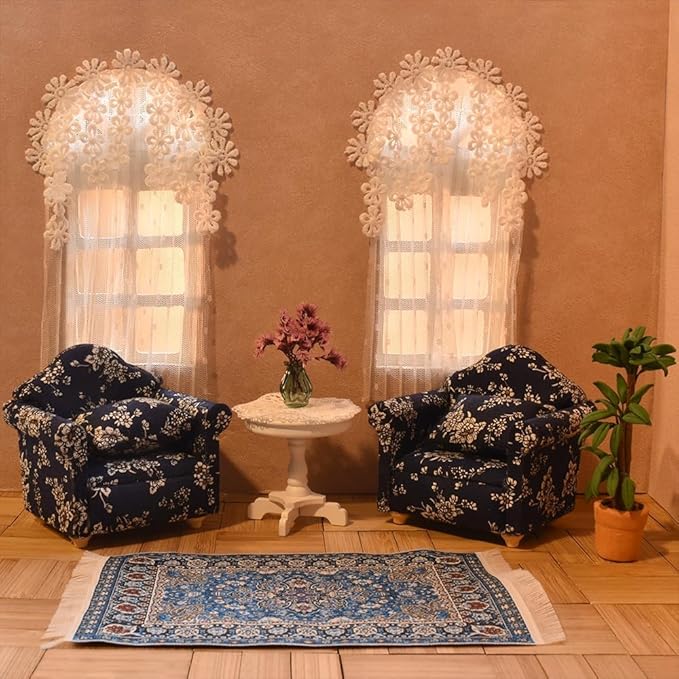iLAND Miniature Dollhouse Accessories Vintage of Carpet for Dollhouse Furniture on 1/12 Scale and 3” - 12” Dolls, Woven Dollhouse Rugs 6” x 3.8”(2pcs Brilliance)