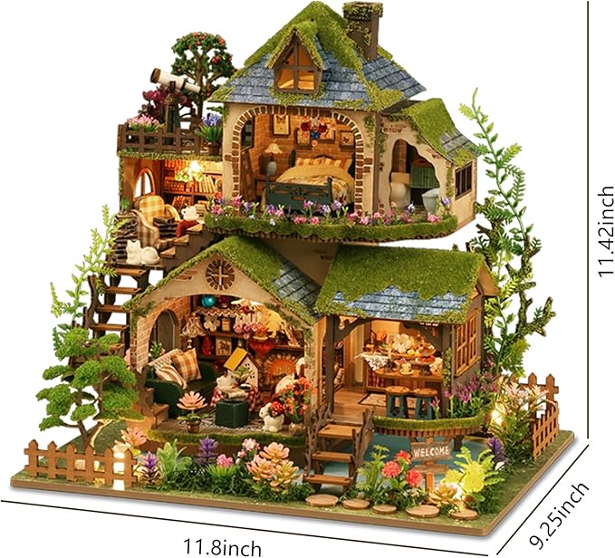 DIY Miniature House Kit - Mini House Building Kit for Adults to Build, Wooden Miniature Dollhouse Kit with LED Light, Tiny Model Adult Crafts Doll House Miniature Kit, Unique Gift, Forest Adventure