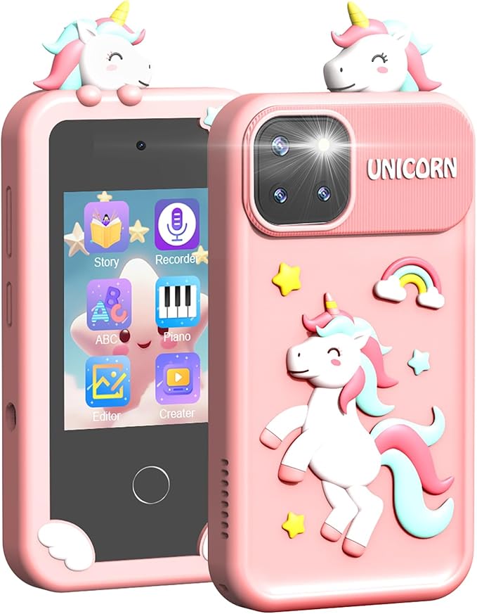 BEBESIRI Kids Camera Mini Smartphone Toy for Girls, 2.8" Touch Screen, 22 Learning Games, Dual Camera, Music Player, 32GB Card, Christmas Birthday Gift, (Pink Unicorn)