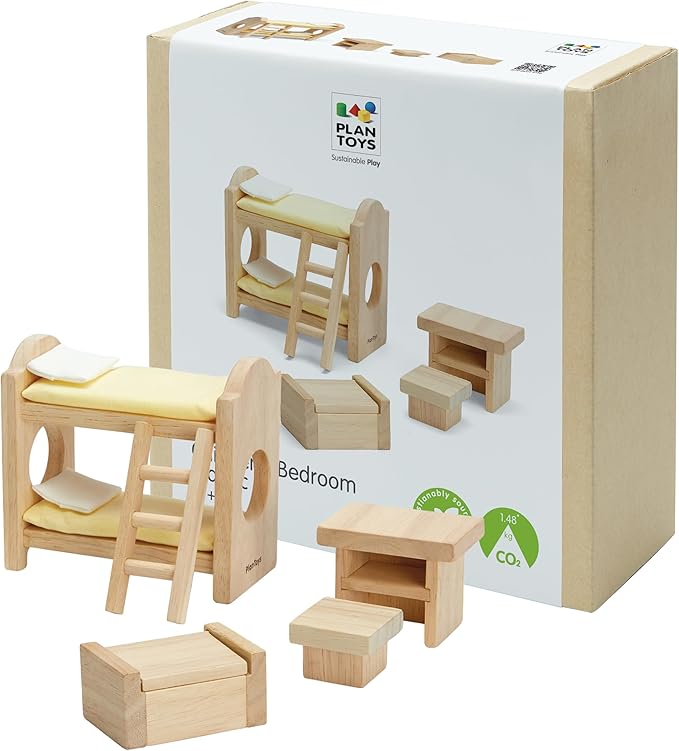 PlanToys® Wooden Children’s Room Classic Set for Montessori Small World Play | Creative Role Play and Social Interaction | Eco Friendly Wooden Dollhouse Bedroom Furniture for Imaginative Play