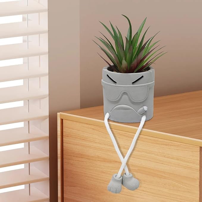 SEMSOIIO 2PCS Artificial Mini Succulent Plants, Cute Fake Plant Faux Succulents in Grey Pots, Artificial Plants with Hanging Leg Potted for Home Office Desk Shelf Bathroom Decor