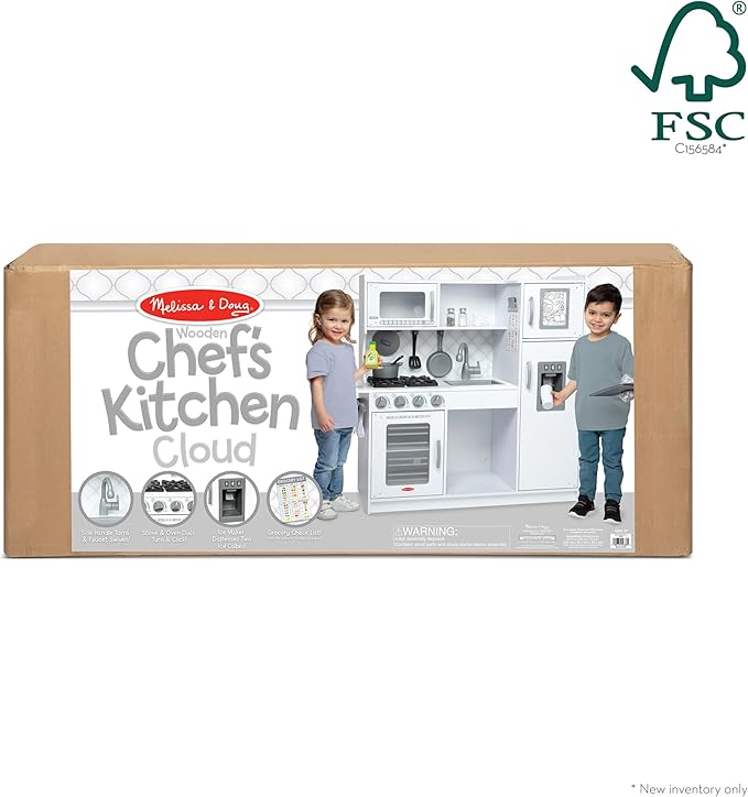 Melissa & Doug Wooden Chef's Kitchen Set for Kids with Play Kitchen Accessories & “Ice” Cube Dispenser, Preschool Learning Toys for Girls & Boys 3+, Cloud White - FSC Certified