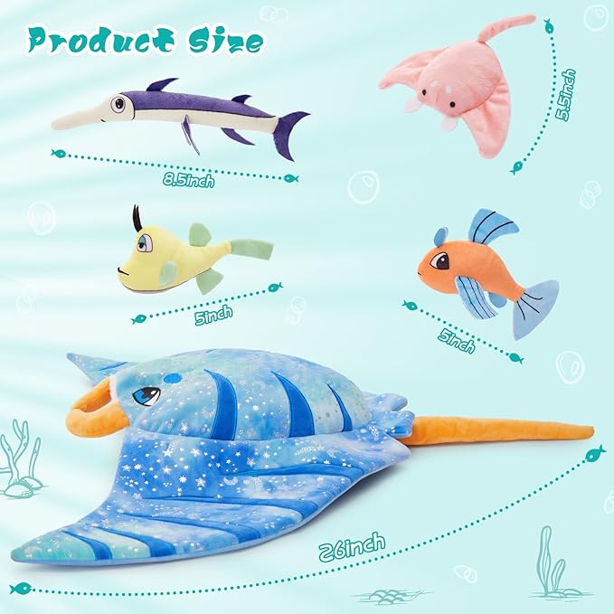 5Pcs Manta Ray Plush, Large Stingray Stuffed Animal with 4 Different Kinds of Small Fish Plush Toys, Christmas Birthday Gifts for Kids Boys Girls, Ocean Party Favors