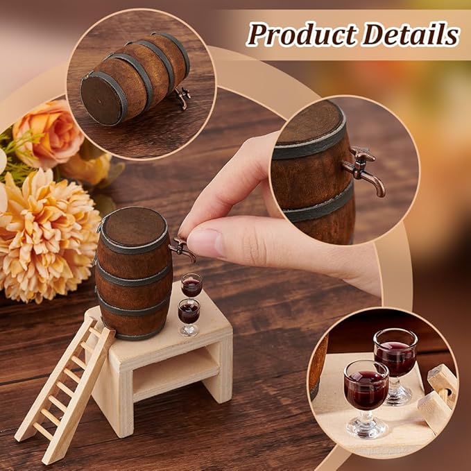 AHANDMAKER Miniature Wooden Beer Barrel Mini House Drink Accessories Figurine Wine Barrel Model with Faucet and Wine Glass Miniature Drink Bottles Pub Bar Accessories