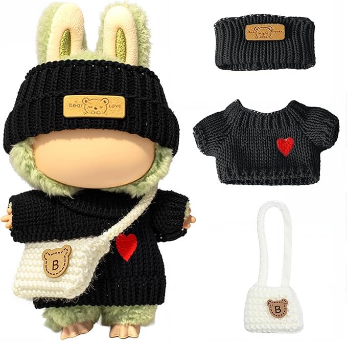 Clothes for LABUBU Doll (NO Doll), Handcrafted Crochet 3-Piece Accessories for LABUBU 17cm Dolls, Premium Outfit - Heart Sweater + Hat + Bag, Cute Clothes for Dress up Unique Style (Black)