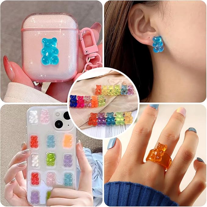 Beadthoven 90pcs Luminous Gummy Bears Beads Flatback Buttons No Hole Glow in The Dark Bear Resin Charms for Jewelry Making DIY Crafts Earrings Ring Hair Clip Accessories Decoden Phone Case Decoration