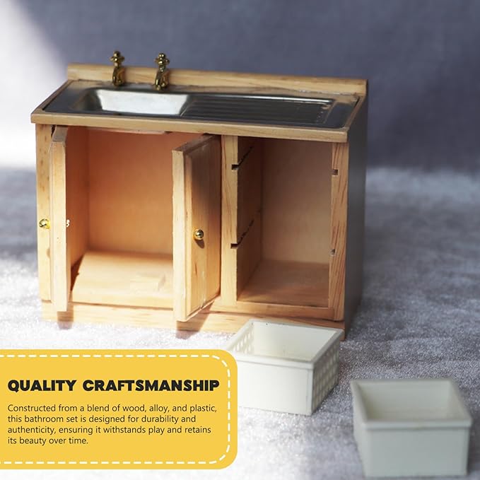 Dollhouse Furniture, 1/12 Wooden Dollhouse Bathroom Set, Sink with Cabinet, Countertop Realistic Miniature Furniture DIY Accessories