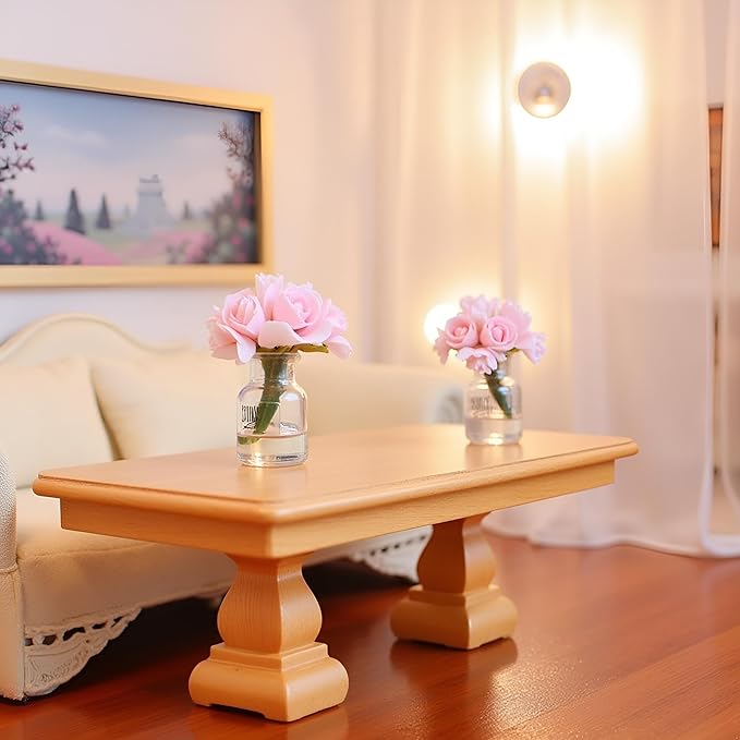 2 Pcs Pink Dollhouse Miniature Flowers Dollhouse Mini Vase with Flower Dolls House Flower Glass Vase 1:12 Scale Dollhouse Miniature Flower in Vase, Lightweight Dollhouse Decor