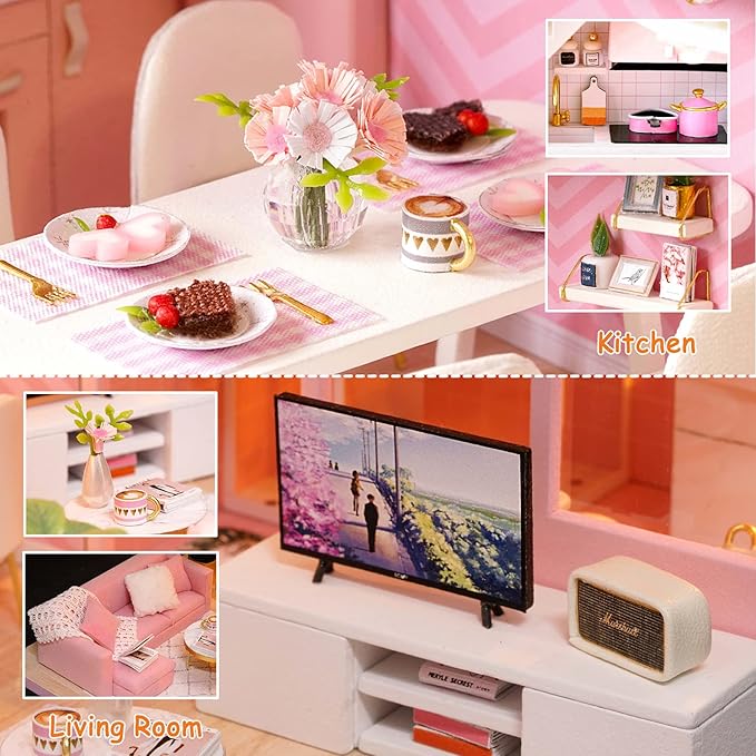 TuKIIE DIY Miniature Dollhouse Kit with Furniture, 1:24 Scale Creative Room Mini Wooden Christmas Doll House Accessories Plus Dust Proof & Music Movement for Kids Teens Adults(Dream Angels)