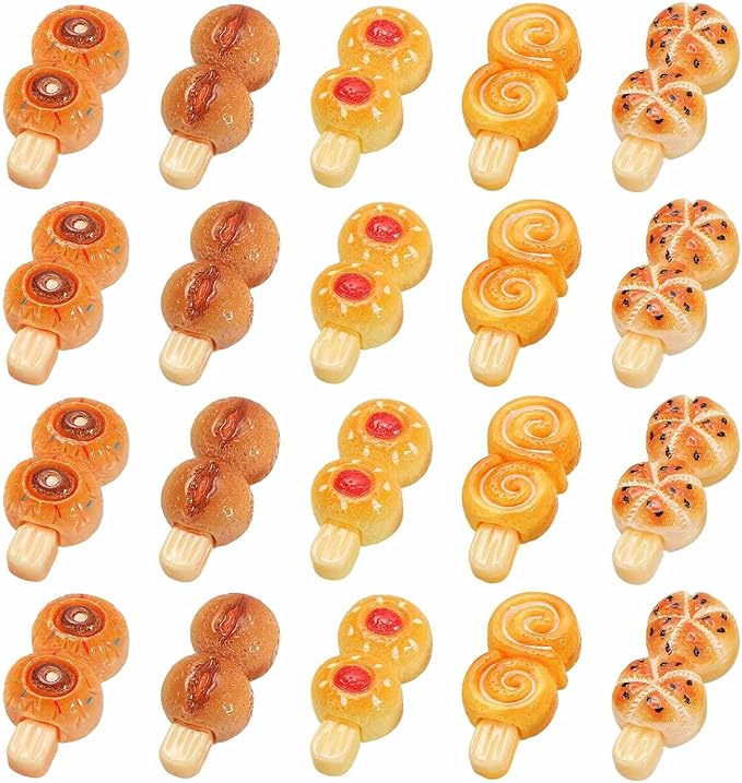 Dollhouse Miniature Food, Cute Mixed Grilled Skewer Bread Figures Toys Mini Resin Foods Trinkets for Pretend Play Kitchen Cooking Game & Doll House Decor (Mixing Colors, 20pcs)