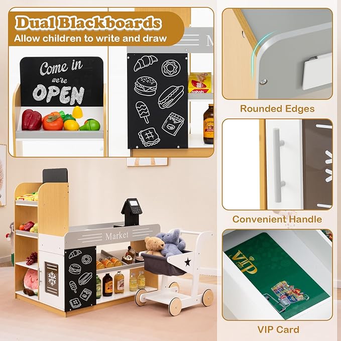 Costzon Kids Grocery Store Playset, Wooden Play Store w/Shopping Cart, Chalkboards, Refrigerator & Display Shelves, Grocery Store Pretend Play for Boys Girls 3+ Years Old