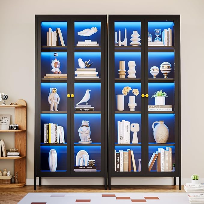 5-Tier Display Cabinet with 13-Color Light, 67" Tall Bookcase Bookshelf with Glass Doors & Adjustable Shelves, Metal Storage Cabinet Display Case for Collectibles Curios Trophies - Black
