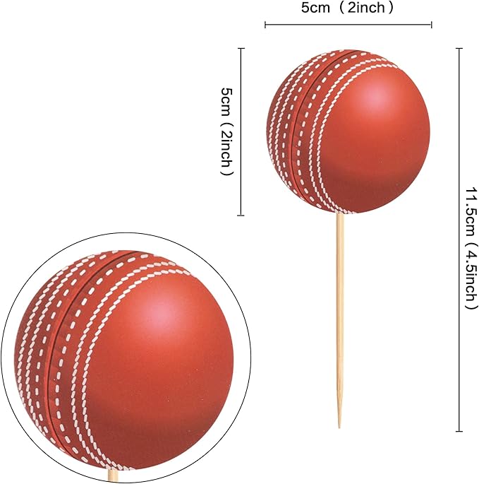 Ercadio 24 Pack Double Sided Cricket Cupcake Toppers Sports Ball Cricket Cupcake Picks Cricket Theme Birthday Cake Decorations for Baby Shower Kids Birthday Party Cake Decorations Supplies, Red-1
