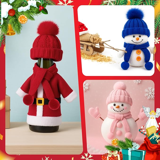 Geyoga 16 Pcs Mini Knit Doll Hat Valentines Day Small Santa Hat for Craft Winter Mini Snowman Hats and Scarf Tree Ornaments Snow Stripe Heart Wine Bottle DIY Decor Gifts