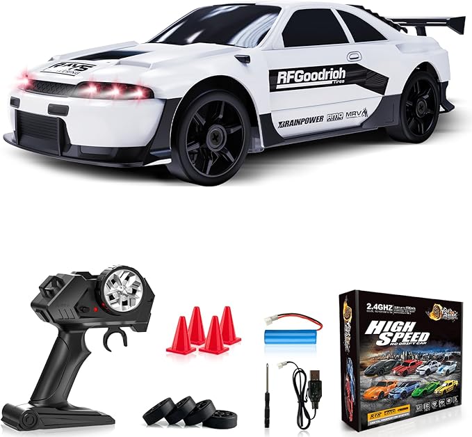RC Drift Car 1:24 Remote Control Car 4WD 15KM/H High Speed Racing Sport Car with LED Lights RC Cars Toy for Kids Boys Girls Adults Gifts Birthday Christmas Rechargeable Batteries