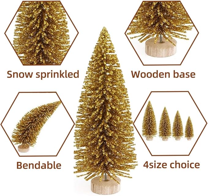 Yahpetes Christmas Tree 24 Pcs Artificial Christmas Trees Miniature Pine Trees 4 Sizes Sisal Trees with Wood Base Bottle Brush Trees for Crafting Displaying Decoration(Blue-Green,White,Gold, 24Pcs)