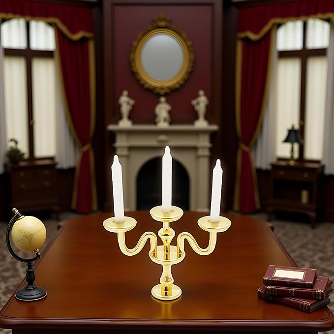 Gold 1/12 Miniature Candlestick Candelabra with Candles Dollhouse Accessories, 3-arms