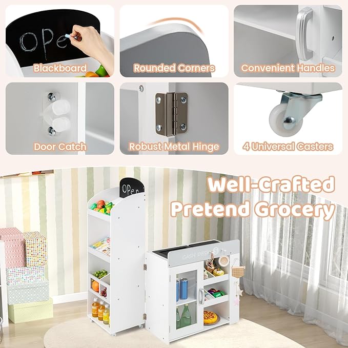 Costzon Kids Grocery Store Playset, Convertible Wooden Play Store w/Shopping Cart, Scanner, Chalkboard & Checkout Belt, Toddler Pretend Supermarket Checkout Stand for Boys & Girls