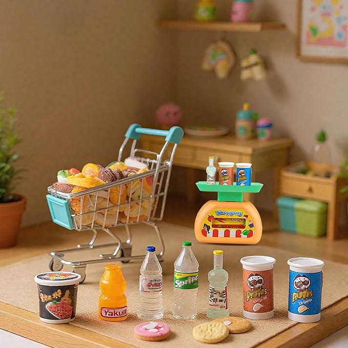 180 Pcs Dollhouse Furniture Miniature Kitchen Accessories Mini Shopping Cart Metal Trolley Basket Food Drink Toy Supermarket Store Grocery Shelves Cash Register Fridge Scale Pretend Play Game Party