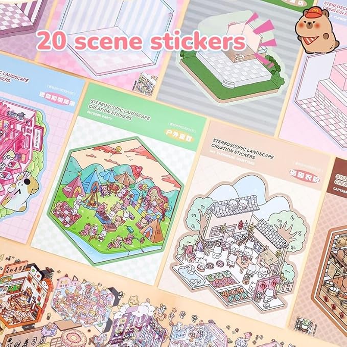 DIY 20 Sets 3D Sticker Scene Book - Stickers for Kids - Reusable Stickers - Improve Children's Imagination and Creativity - Enhance Parent-Child Relationship - Birthday Gift. (White)