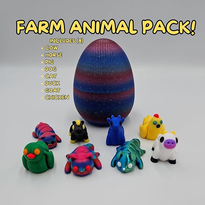 Mystery Mini Animal Packs - 3D Printed Articulating Figurines - Unique and Fun Designs Includes Mystery Egg - Stress Relief (Farm Animal Pack)